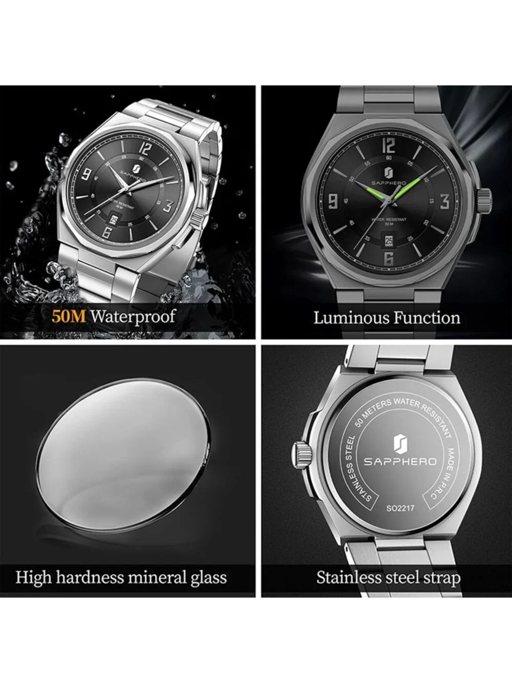 Men's Black/Silver Numeral Dial Stainless Steel Strap Analog Quartz Wrist Watch